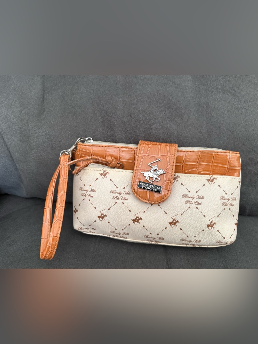 Beverly Hills Polo Club Cream & Tan Croc-Accent Wristlet